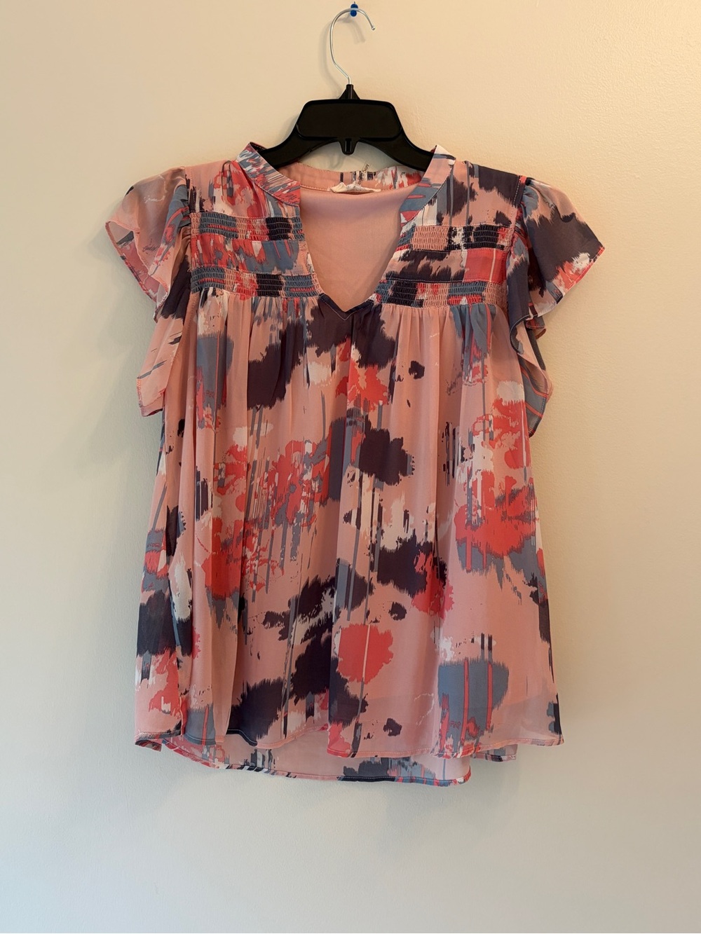 entro Pink Multi Abstract Flutter Sleeve V-Neck Top